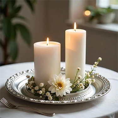 Centros de mesa con velas blancas y esferas en tonos cian y plateado