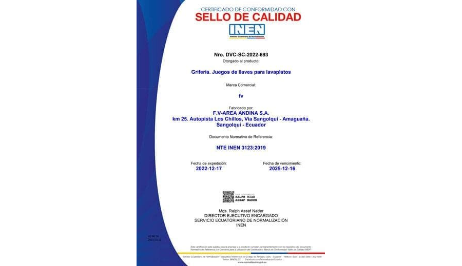 CERTIFICADO INEN GRIFERIA COCINAS
